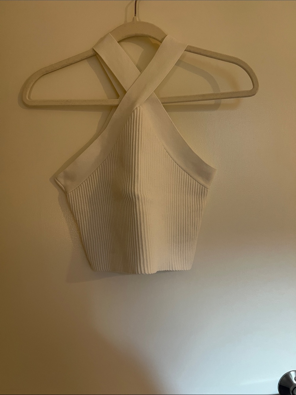 Forever 21 White Ribbed Cross-Back Crop Halter